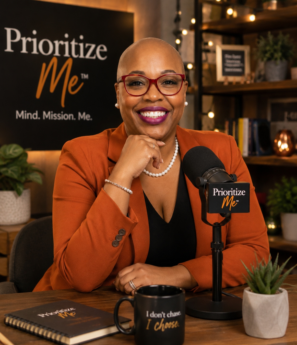 Kesha Mason Campbell at a Prioritize Me branded desk with microphone